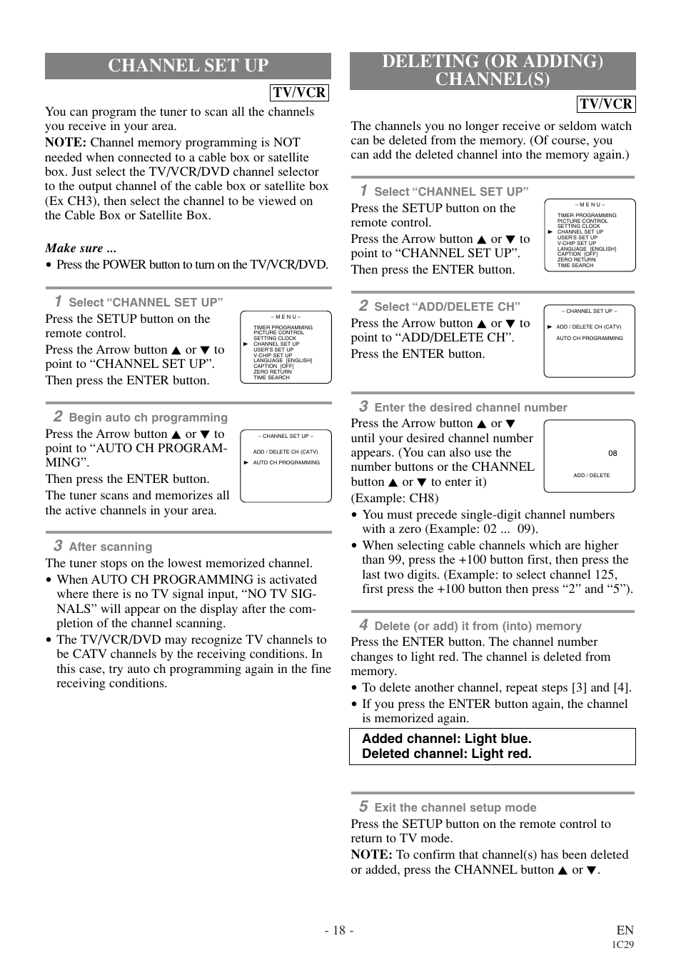 Channel set up, Deleting (or adding) channel(s), Tv/vcr | Emerson EWC27T4 User Manual | Page 18 / 56