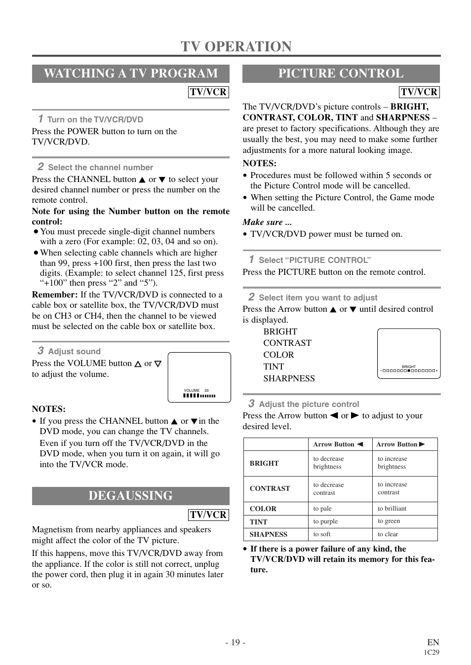 Tv operation, Degaussing, Watching a tv program | Picture control, Tv/vcr | Emerson EWC27T4 User Manual | Page 19 / 56