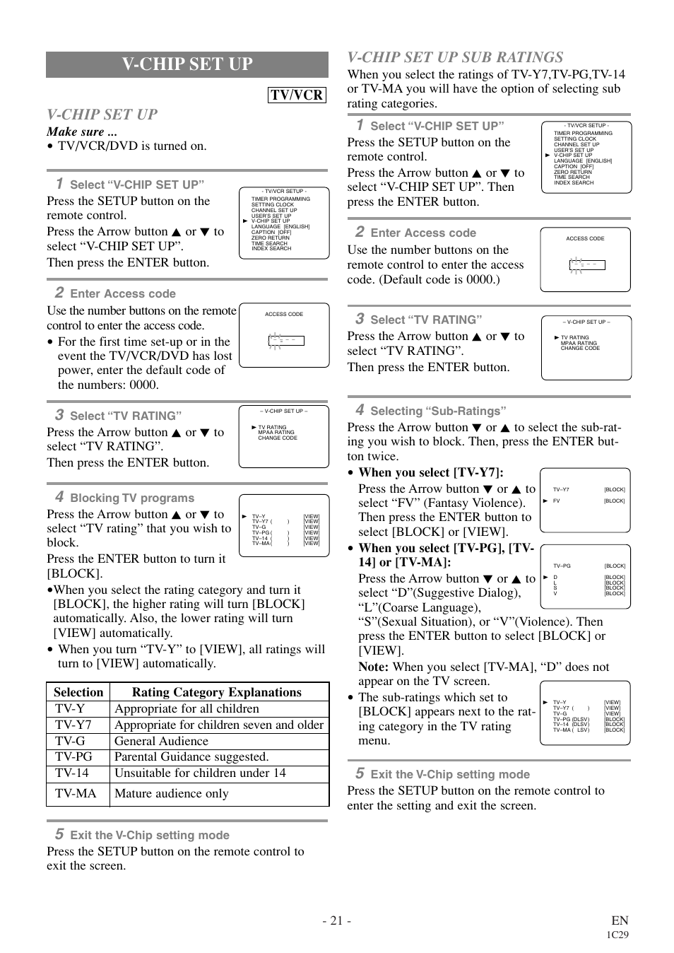 V-chip set up, V-chip set up sub ratings, Tv/vcr | 21 - en, Make sure, Tv/vcr/dvd is turned on | Emerson EWC27T4 User Manual | Page 21 / 56
