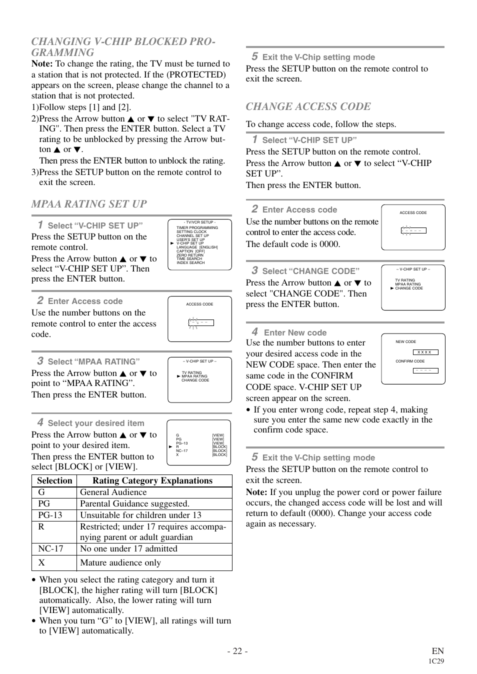 Changing v-chip blocked pro- gramming, Mpaa rating set up 1, Change access code | Emerson EWC27T4 User Manual | Page 22 / 56