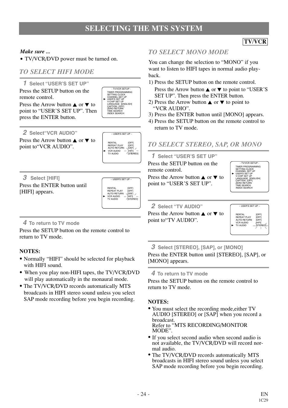 Selecting the mts system, Tv/vcr, 24 - en | Make sure, Tv/vcr/dvd power must be turned on, Press the enter button until [hifi] appears, Press the arrow button k or l to point to“tv audio | Emerson EWC27T4 User Manual | Page 24 / 56
