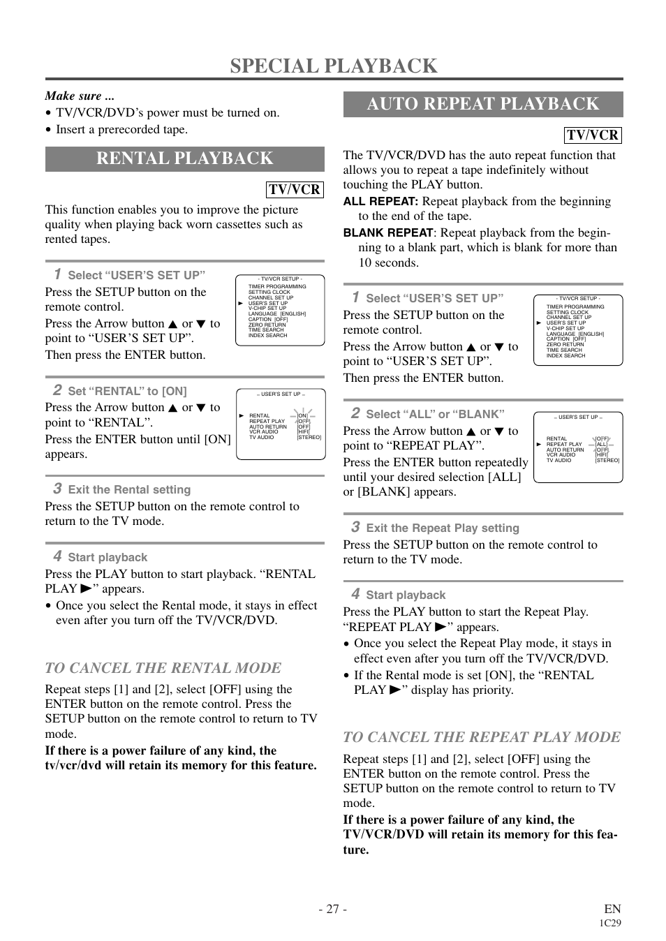 Special playback, Rental playback, Auto repeat playback | Tv/vcr | Emerson EWC27T4 User Manual | Page 27 / 56