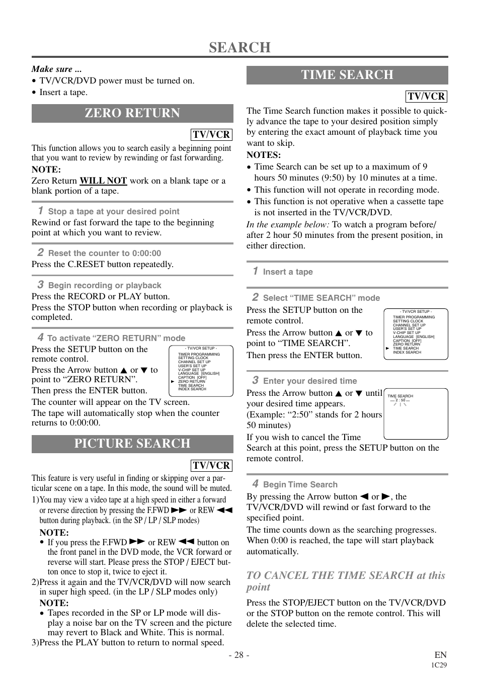 Search, Zero return, Picture search | Time search | Emerson EWC27T4 User Manual | Page 28 / 56