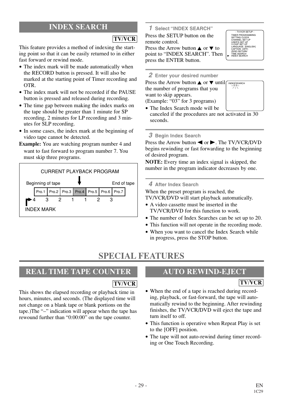 Special features, Index search, Real time tape counter | Auto rewind-eject | Emerson EWC27T4 User Manual | Page 29 / 56