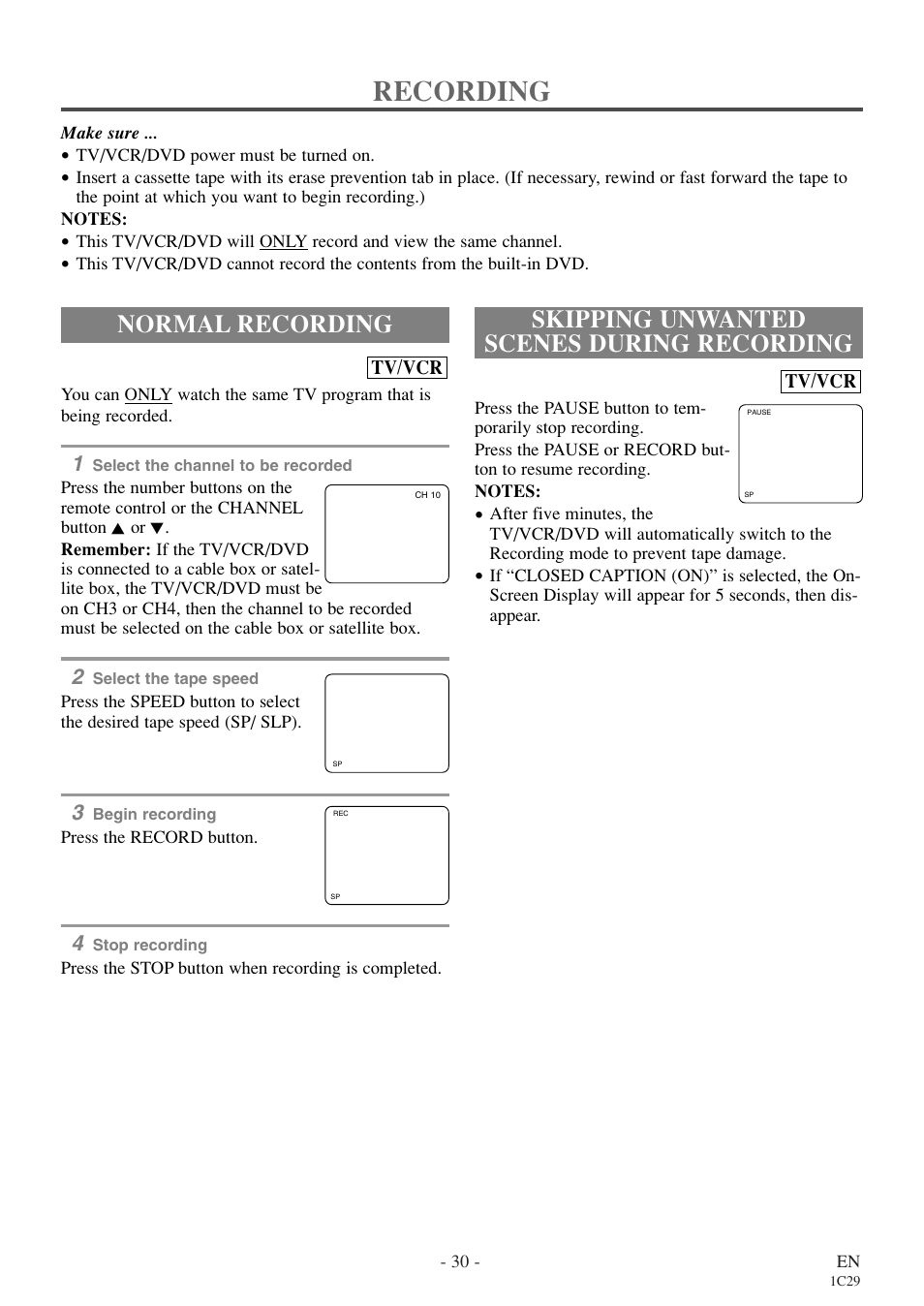 Recording, Normal recording, Skipping unwanted scenes during recording | Emerson EWC27T4 User Manual | Page 30 / 56
