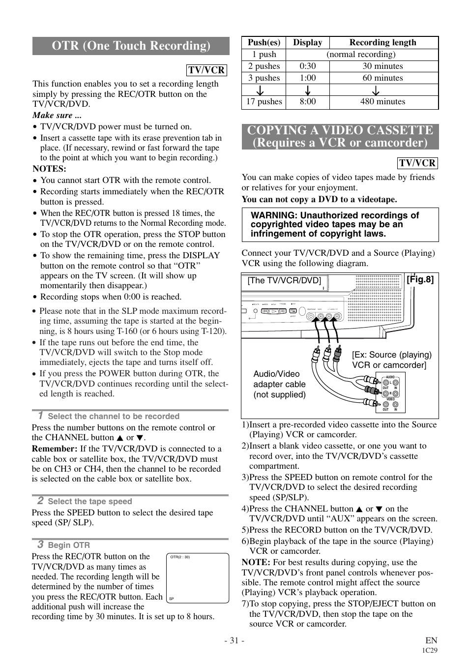 Otr (one touch recording), Tv/vcr | Emerson EWC27T4 User Manual | Page 31 / 56