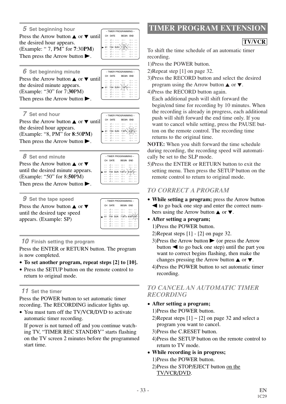 Timer program extension, Tv/vcr, 33 - en | Set beginning hour, Set beginning minute, Set end hour, Set end minute, Set the tape speed, Finish setting the program, Set the timer | Emerson EWC27T4 User Manual | Page 33 / 56