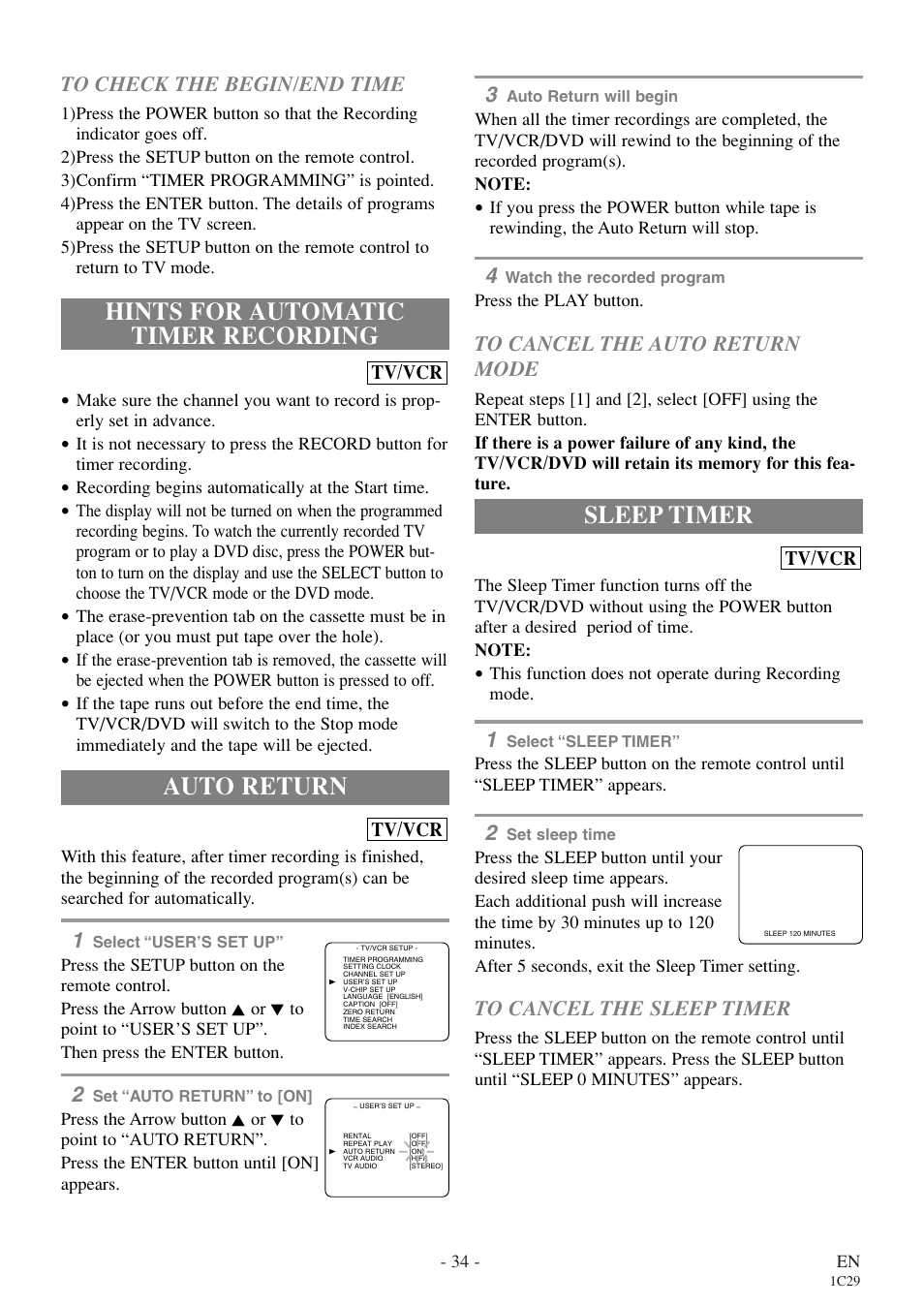 Hints for automatic timer recording, Auto return, Sleep timer | Emerson EWC27T4 User Manual | Page 34 / 56