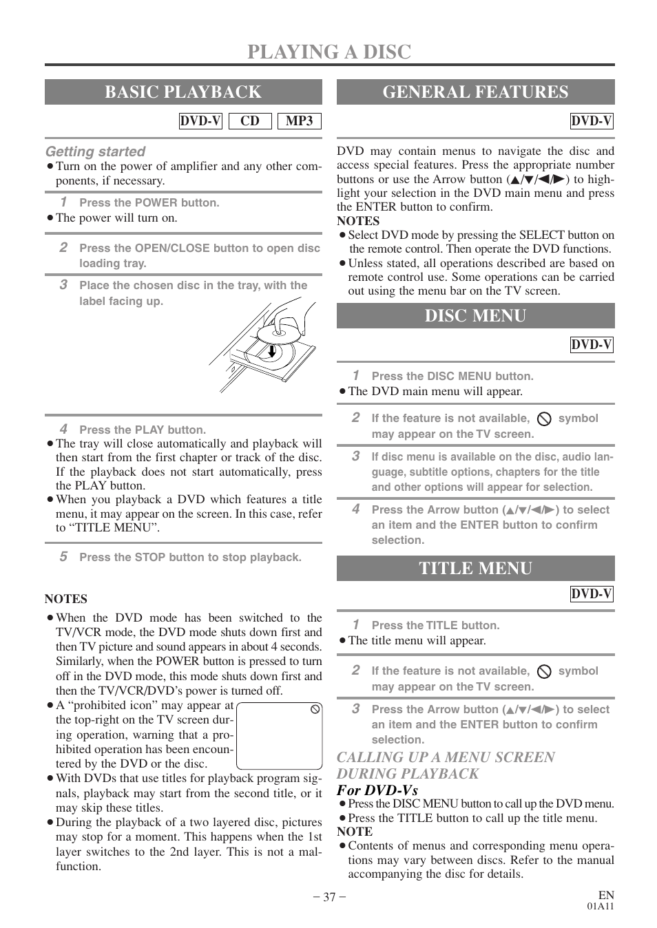 Playing a disc, Basic playback, General features | Title menu, Disc menu | Emerson EWC27T4 User Manual | Page 37 / 56
