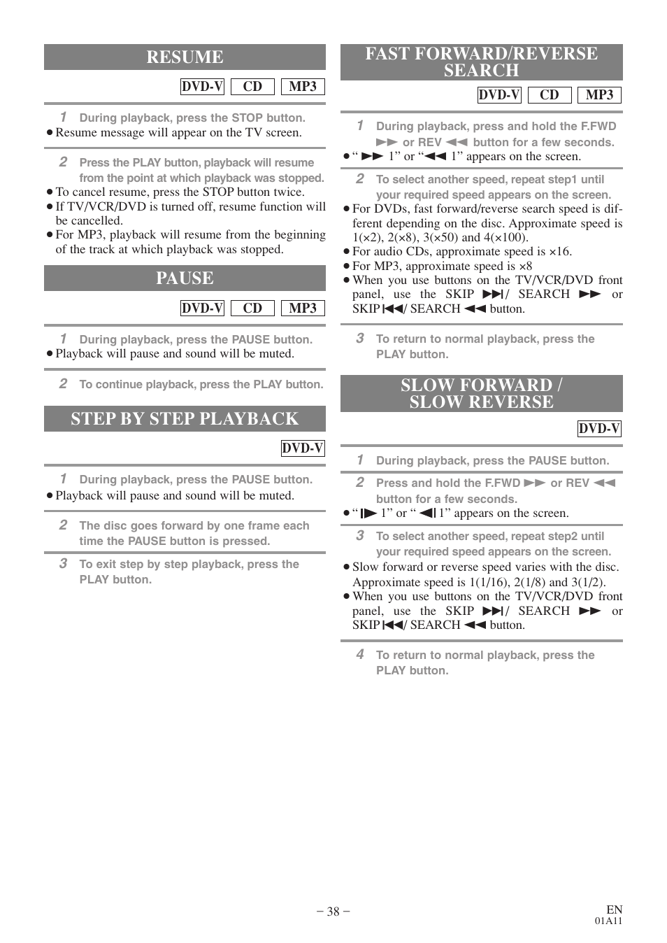 Step by step playback, Resume, Fast forward/reverse search pause | Slow forward / slow reverse | Emerson EWC27T4 User Manual | Page 38 / 56