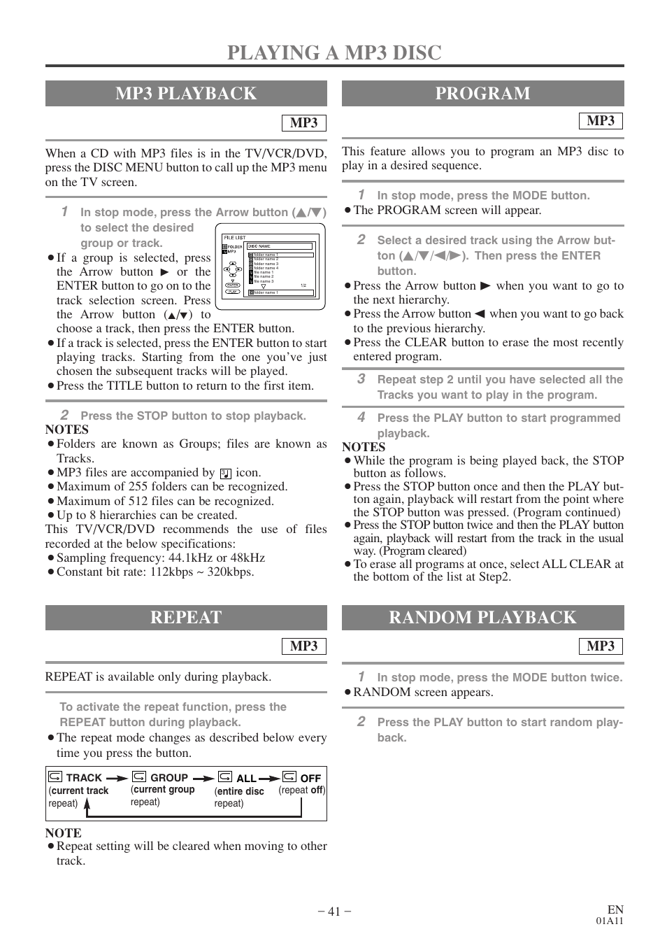 Playing a mp3 disc, Mp3 playback, Random playback | Program repeat | Emerson EWC27T4 User Manual | Page 41 / 56