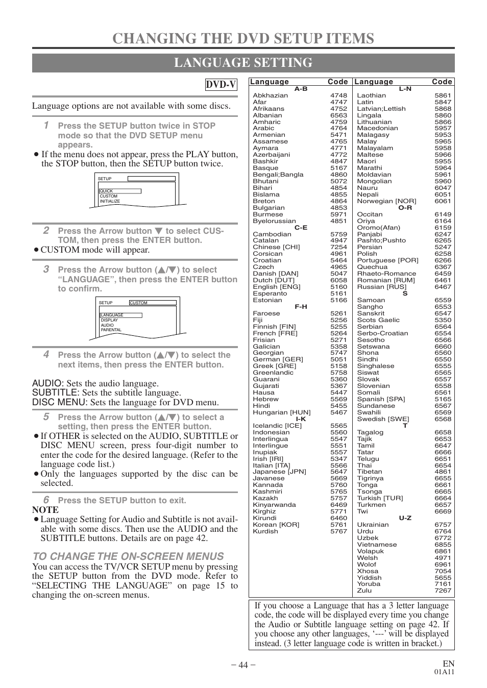 Changing the dvd setup items, Language setting, Dvd-v | Language options are not available with some discs, Custom mode will appear, Press the arrow button, Press the setup button to exit | Emerson EWC27T4 User Manual | Page 44 / 56