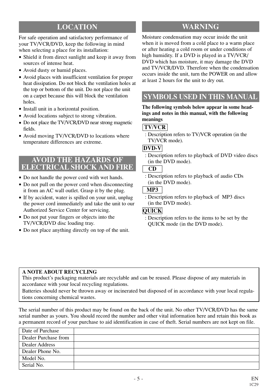 Warning, Symbols used in this manual | Emerson EWC27T4 User Manual | Page 5 / 56