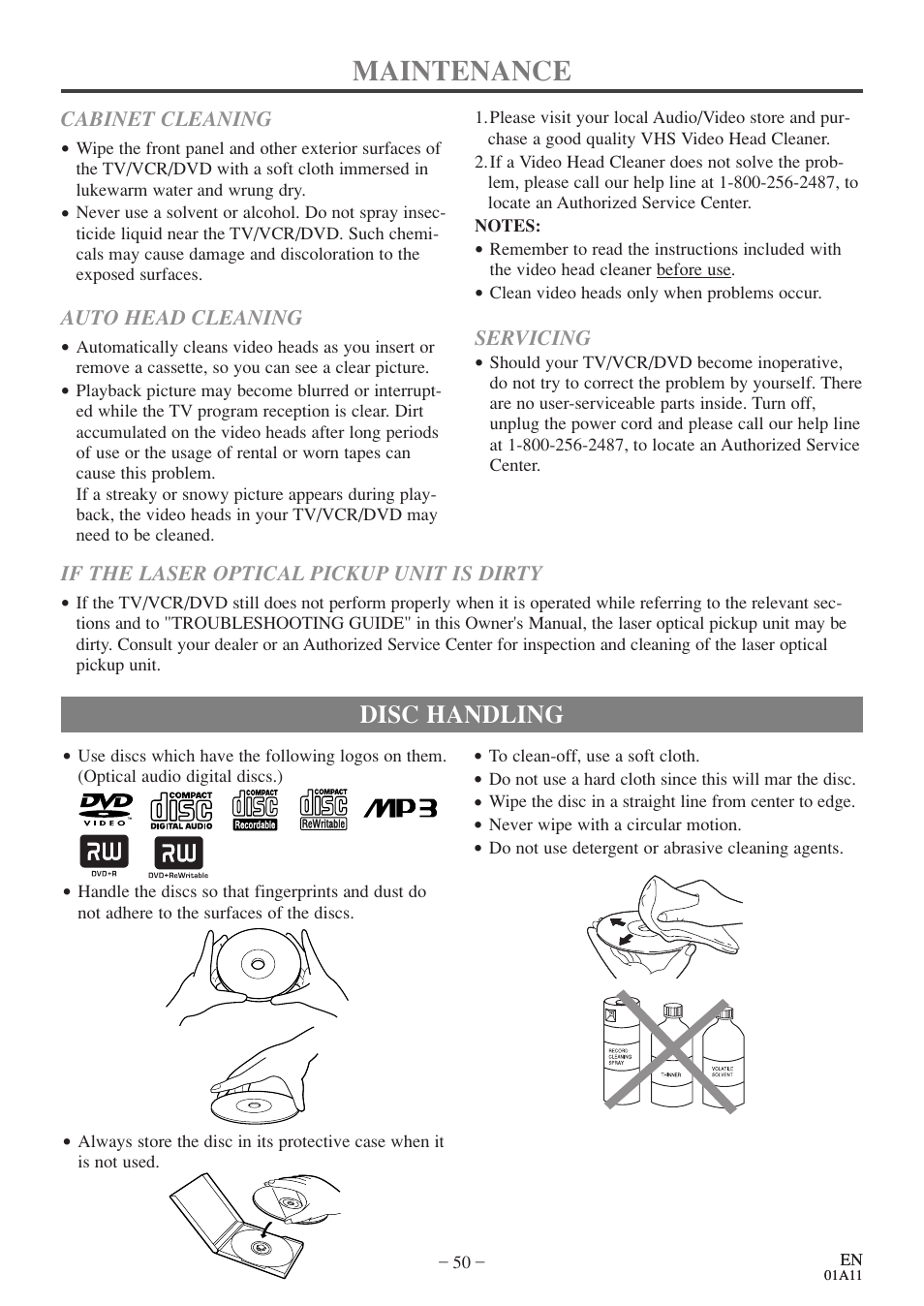 Maintenance, Disc handling | Emerson EWC27T4 User Manual | Page 50 / 56