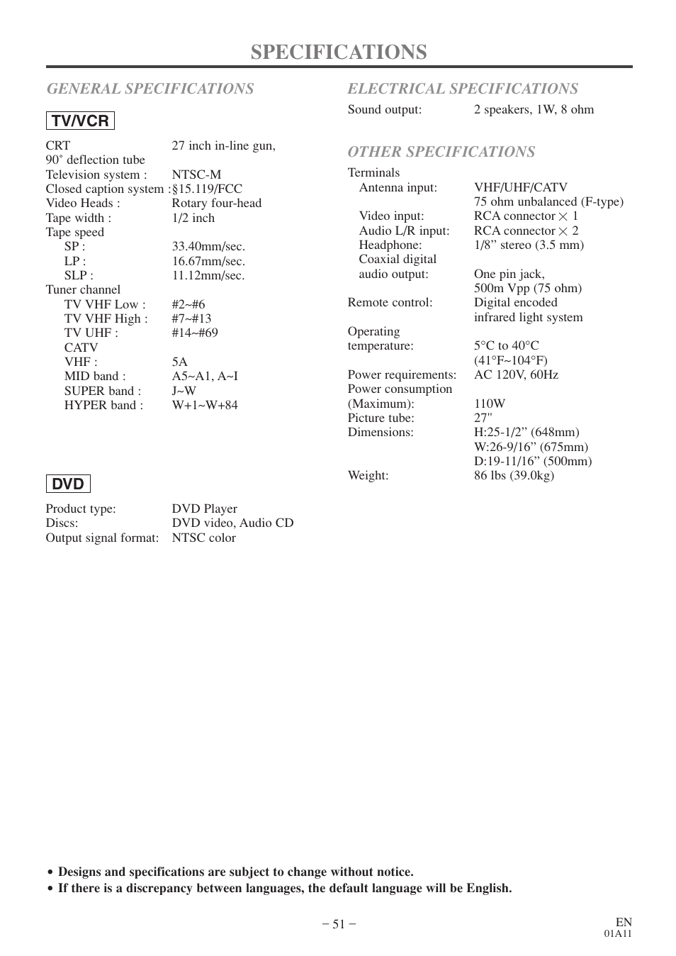 Specifications, Other specifications | Emerson EWC27T4 User Manual | Page 51 / 56