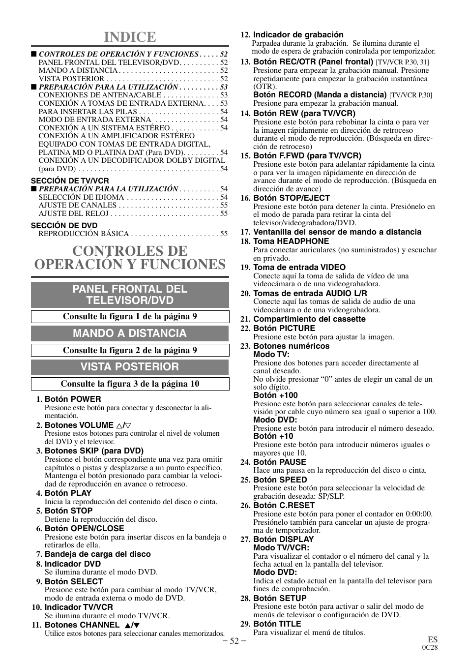 Indice, Controles de operación y funciones, Panel frontal del televisor/dvd | Mando a distancia, Vista posterior | Emerson EWC27T4 User Manual | Page 52 / 56