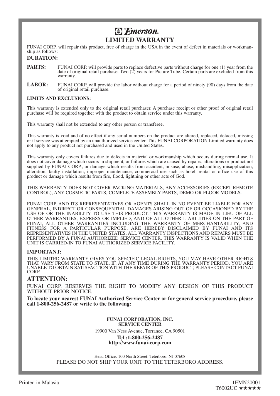 Limited warranty, Attention | Emerson EWC27T4 User Manual | Page 56 / 56