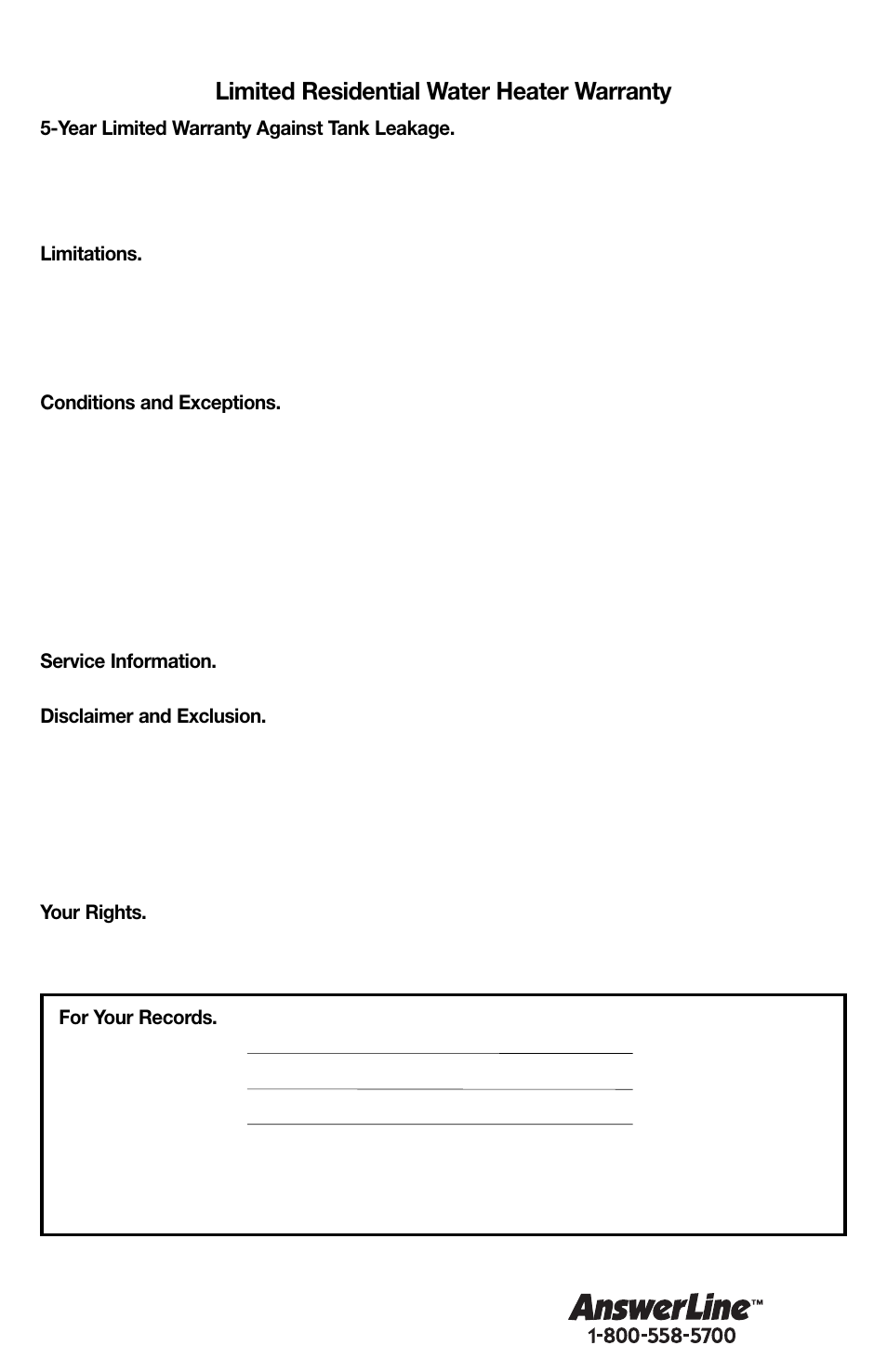 Limited residential water heater warranty | Emerson W152 User Manual | Page 13 / 16