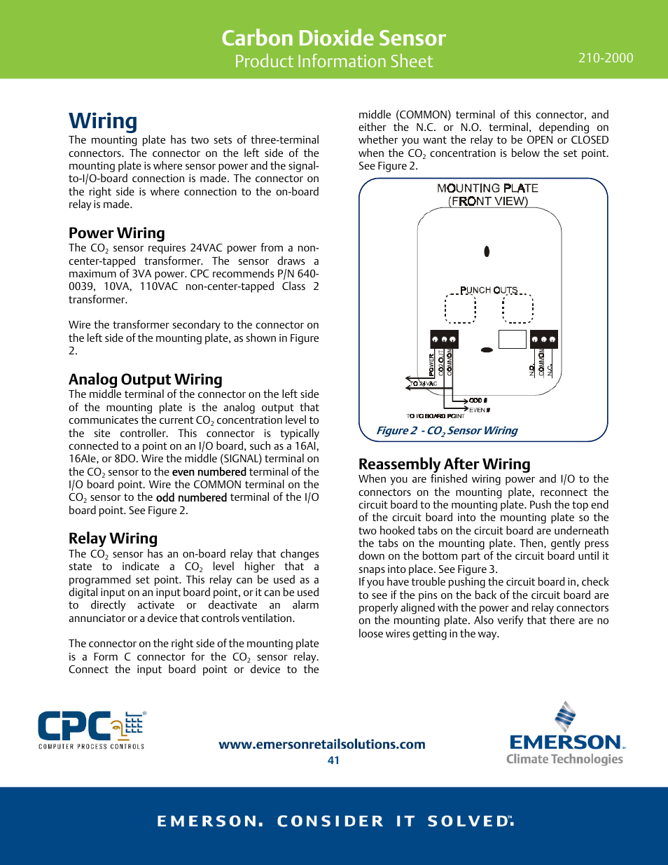 Carbon dioxide sensor, Wiring, Product information sheet | Power wiring, Analog output wiring, Relay wiring, Reassembly after wiring | Emerson 210-2000 User Manual | Page 2 / 4