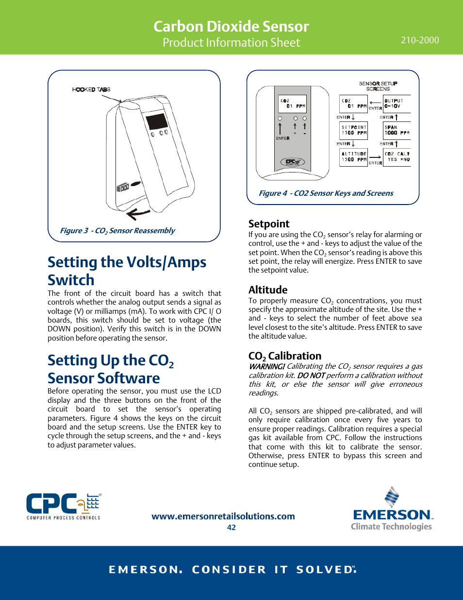 Carbon dioxide sensor, Setting the volts/amps switch, Setting up the co | Sensor software, Product information sheet, Setpoint, Altitude, Calibration | Emerson 210-2000 User Manual | Page 3 / 4