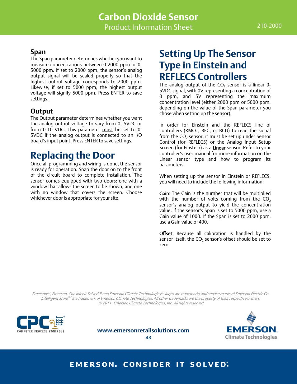 Carbon dioxide sensor, Replacing the door, Product information sheet | Span, Output | Emerson 210-2000 User Manual | Page 4 / 4