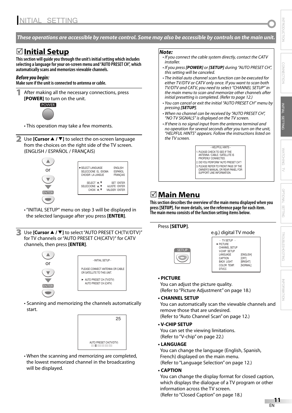 Nitial setting, Initial setup, Main menu | Emerson LC195EM82 User Manual | Page 11 / 56