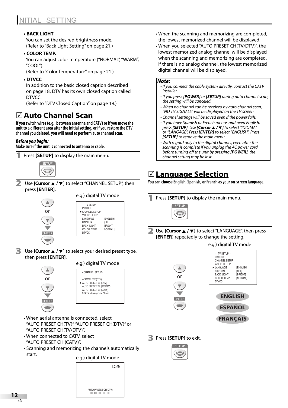 Nitial setting, Auto channel scan, Language selection | Emerson LC195EM82 User Manual | Page 12 / 56