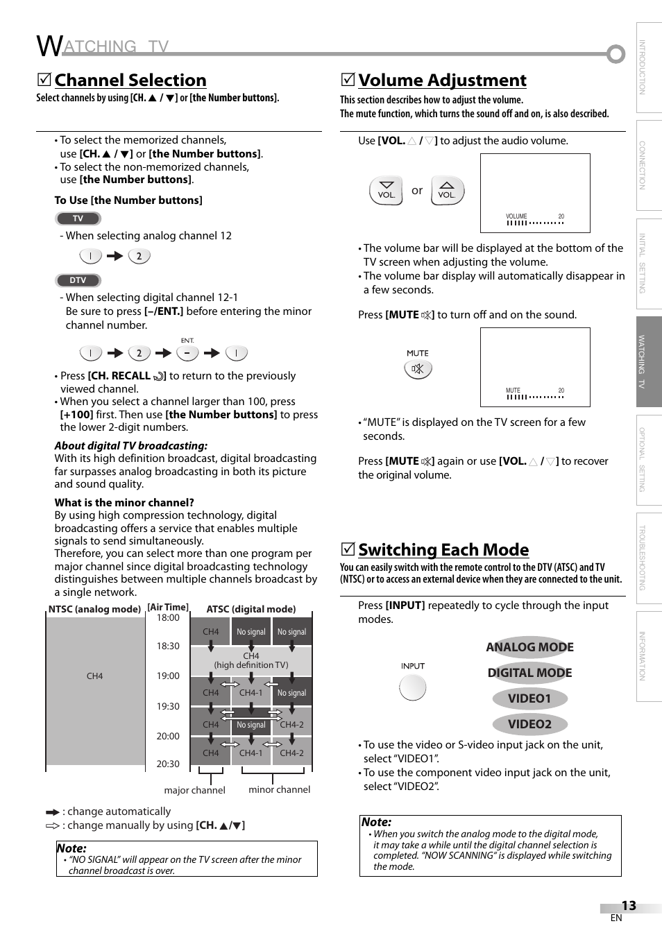 Atching tv, Channel selection, 5volume adjustment | Switching each mode | Emerson LC195EM82 User Manual | Page 13 / 56