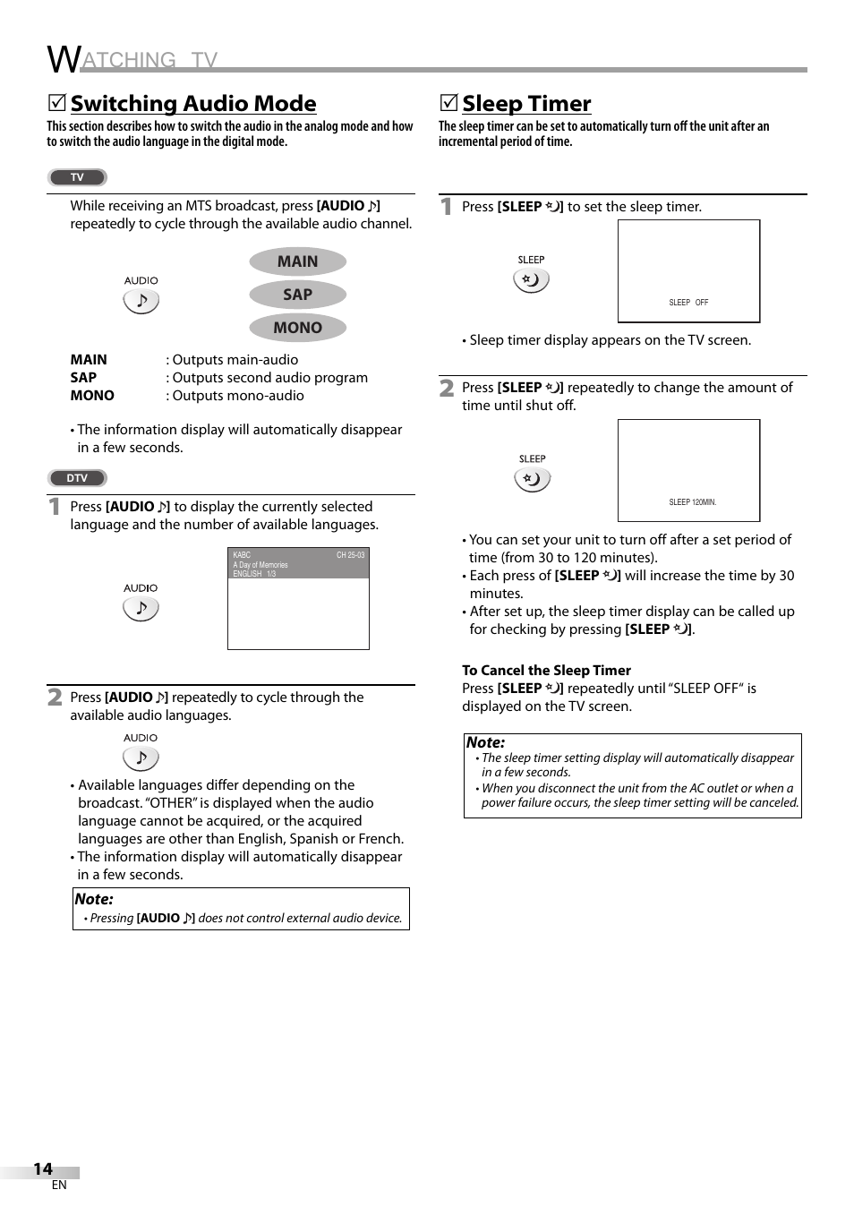 Atching tv, Switching audio mode, 5sleep timer | Emerson LC195EM82 User Manual | Page 14 / 56