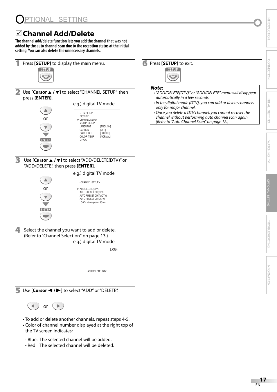 Ptional setting, Channel add/delete | Emerson LC195EM82 User Manual | Page 17 / 56