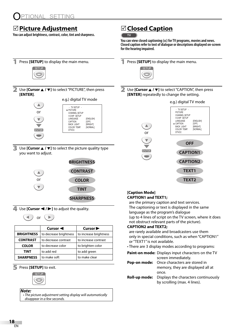 Ptional setting, Picture adjustment, 5closed caption | Emerson LC195EM82 User Manual | Page 18 / 56