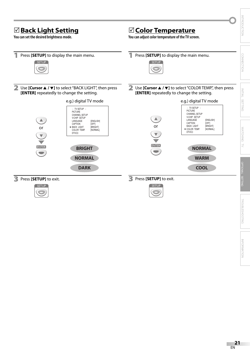 Back light setting, 5color temperature | Emerson LC195EM82 User Manual | Page 21 / 56