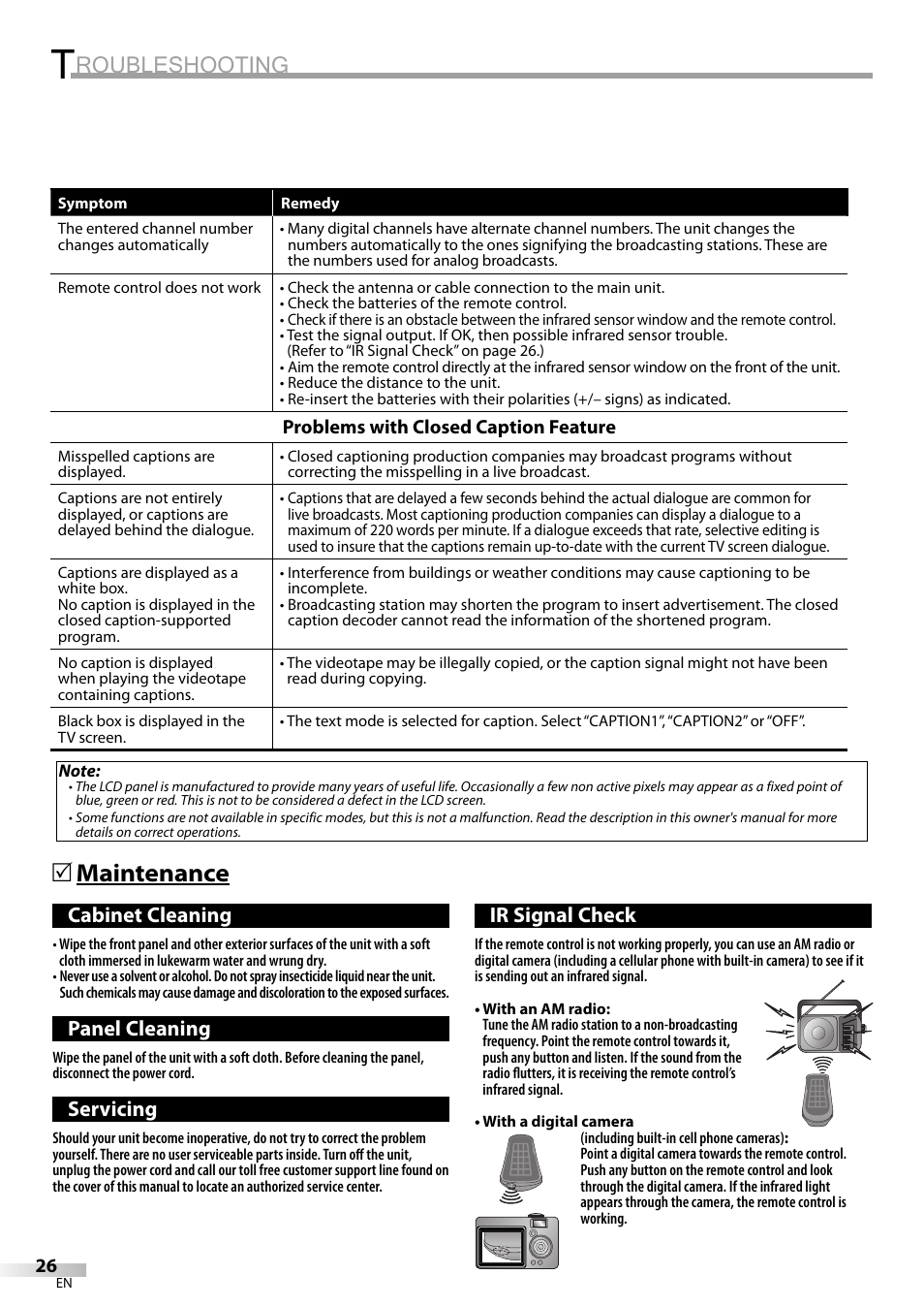 Roubleshooting, Maintenance 5, Cabinet cleaning | Panel cleaning, Servicing, Ir signal check | Emerson LC195EM82 User Manual | Page 26 / 56