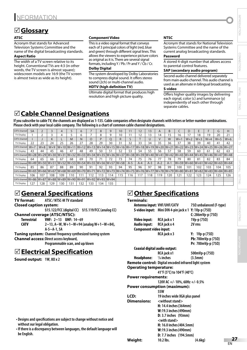 Nformation, Glossary 5, Electrical specification | 5other specifications | Emerson LC195EM82 User Manual | Page 27 / 56