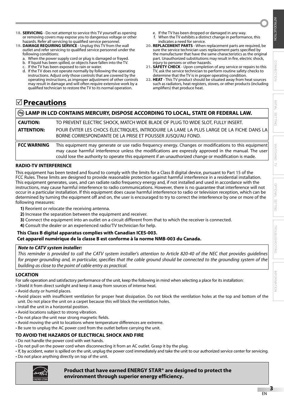 Precautions | Emerson LC195EM82 User Manual | Page 3 / 56