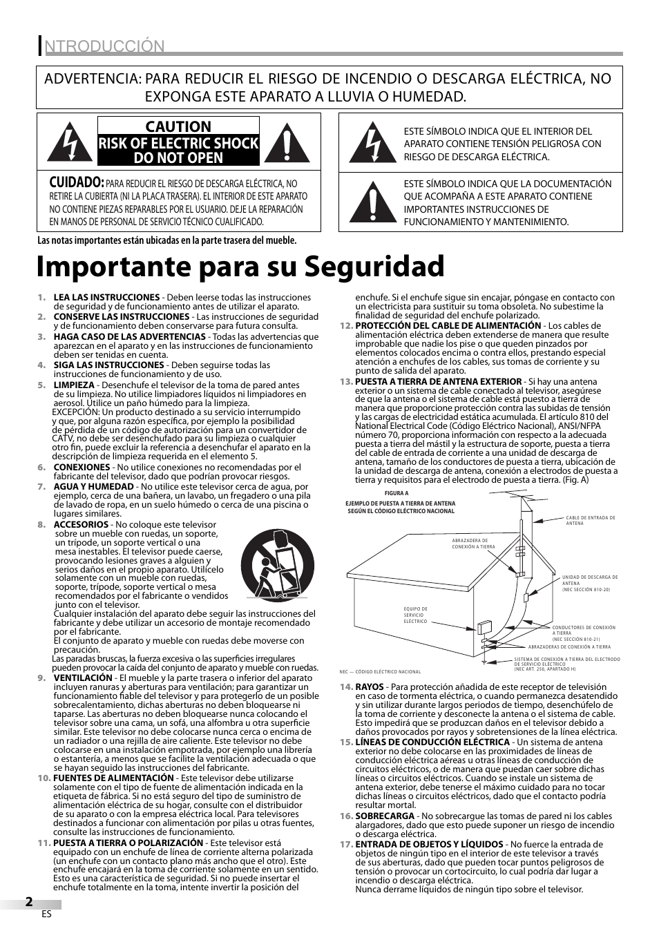 Importante para su seguridad, Ntroducción, Cuidado | Caution risk of electric shock do not open | Emerson LC195EM82 User Manual | Page 30 / 56