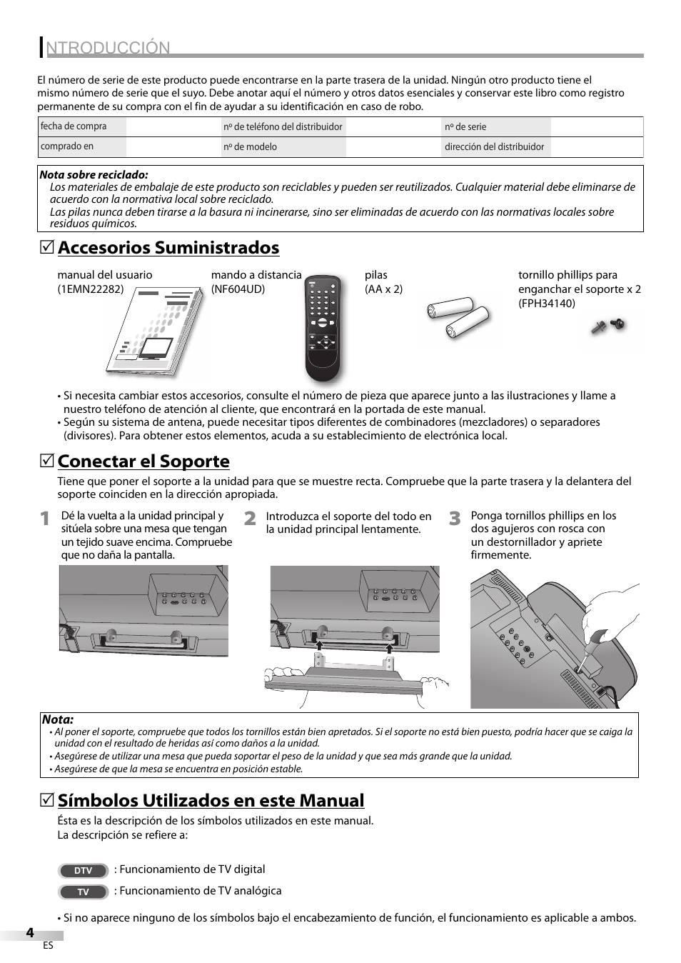 Ntroducción, Accesorios suministrados 5, Símbolos utilizados en este manual | Conectar el soporte | Emerson LC195EM82 User Manual | Page 32 / 56