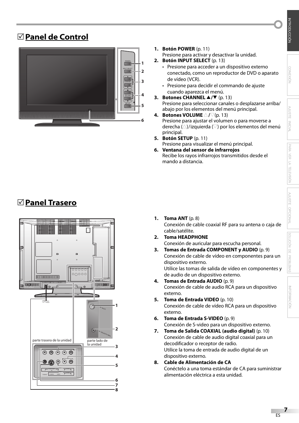 Función de mando a distancia 5, Panel de control 5 panel trasero 5 | Emerson LC195EM82 User Manual | Page 35 / 56