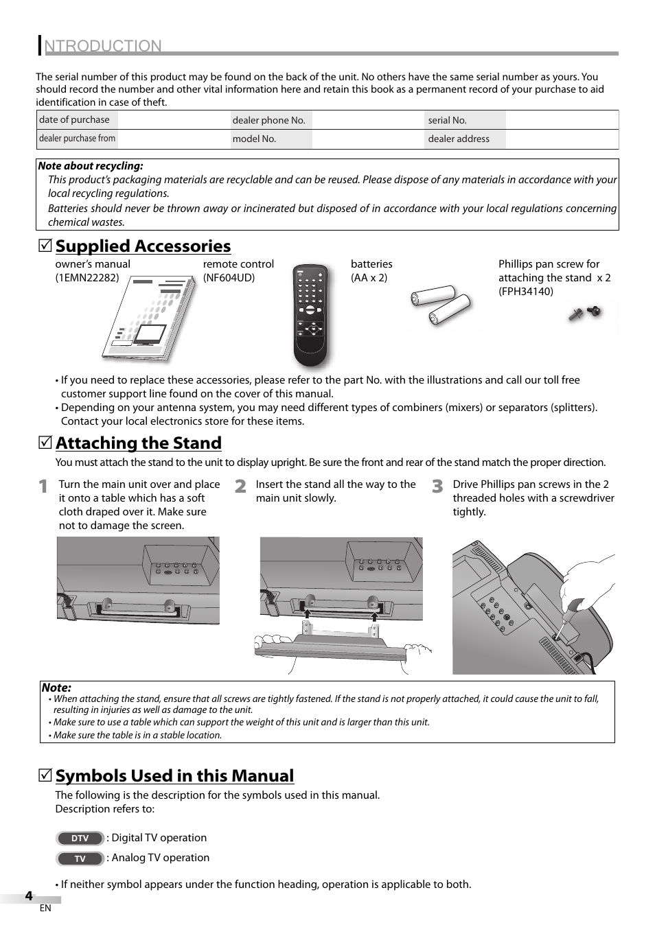 Ntroduction, Supplied accessories 5, Symbols used in this manual | Attaching the stand | Emerson LC195EM82 User Manual | Page 4 / 56