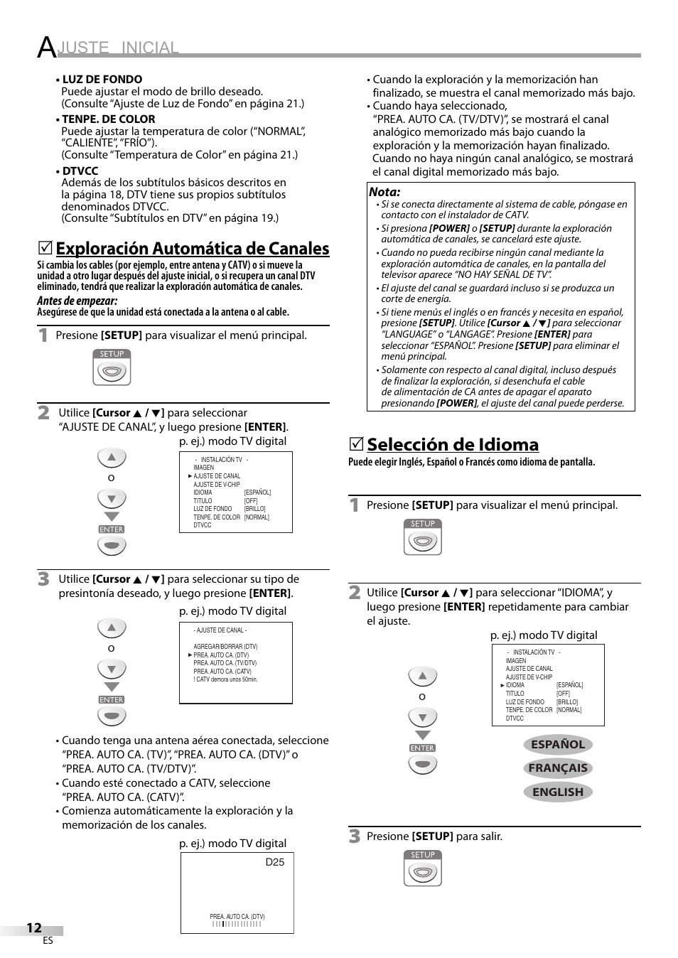 Juste inicial, Exploración automática de canales, Selección de idioma | Emerson LC195EM82 User Manual | Page 40 / 56