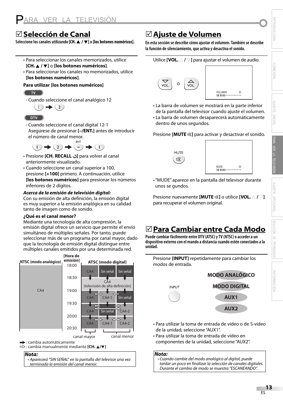 Ara ver la televisión, Selección de canal, 5ajuste de volumen | Para cambiar entre cada modo | Emerson LC195EM82 User Manual | Page 41 / 56