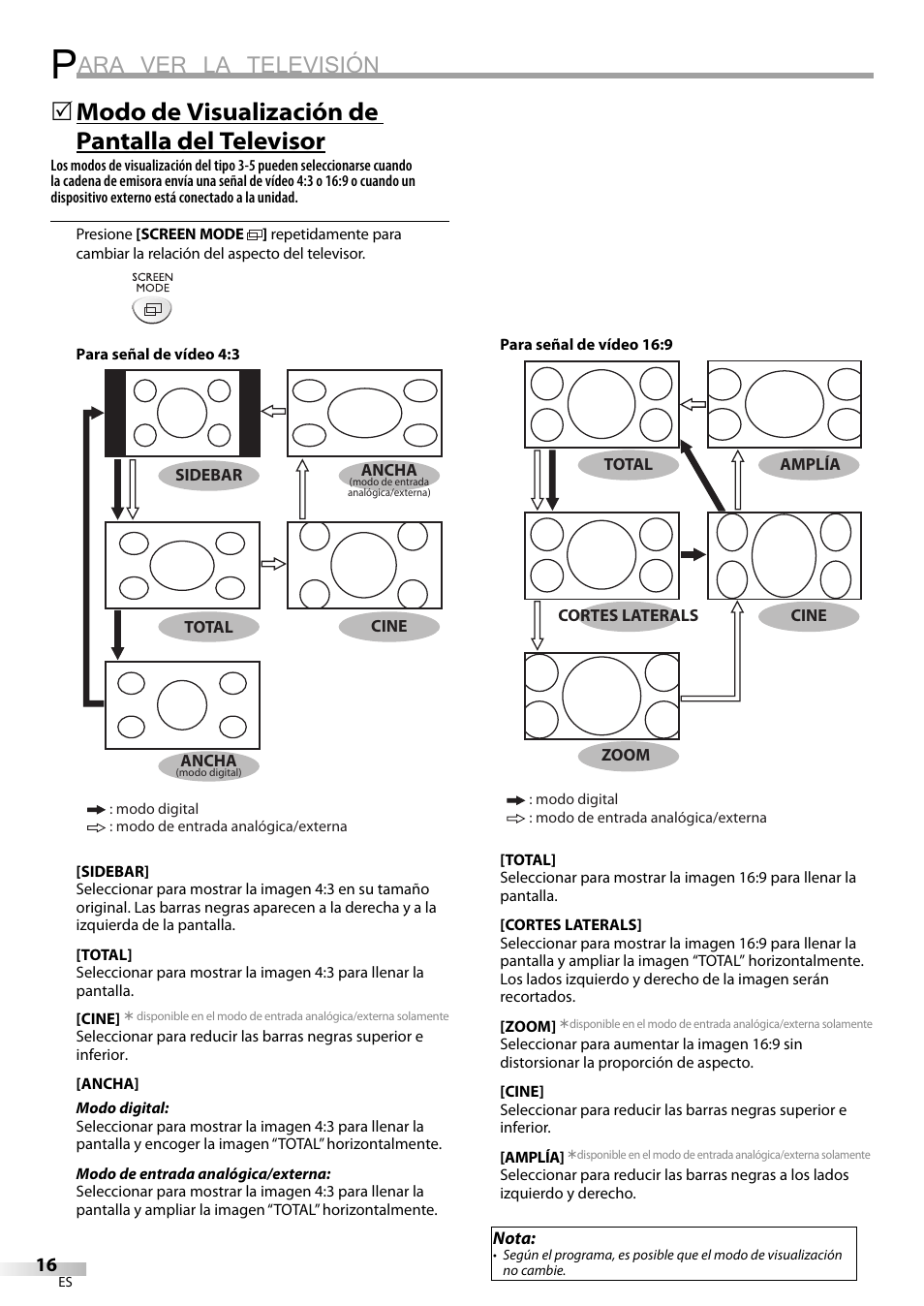 Ara ver la televisión, Modo de visualización de pantalla del televisor | Emerson LC195EM82 User Manual | Page 44 / 56