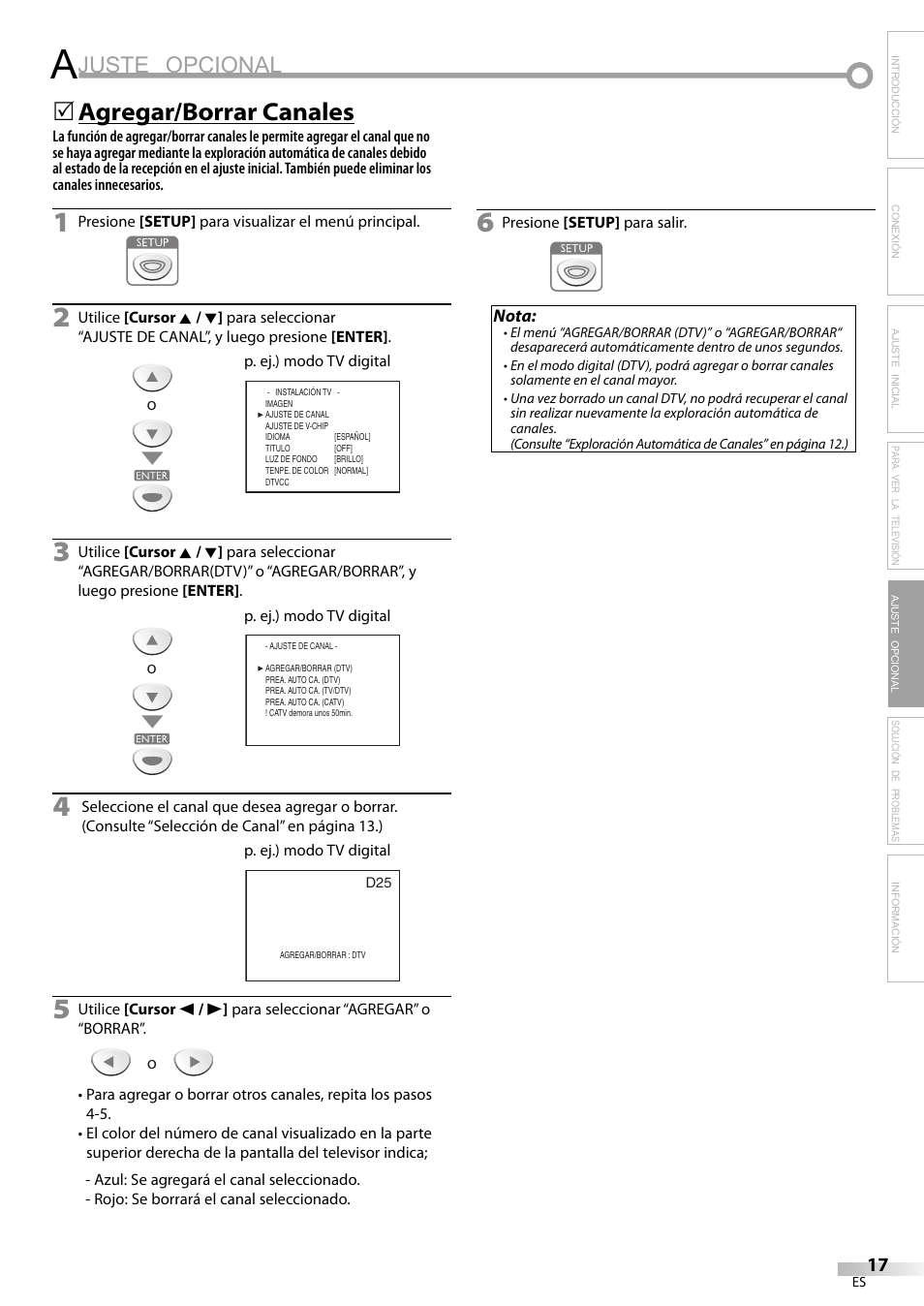 Juste opcional, Agregar/borrar canales | Emerson LC195EM82 User Manual | Page 45 / 56