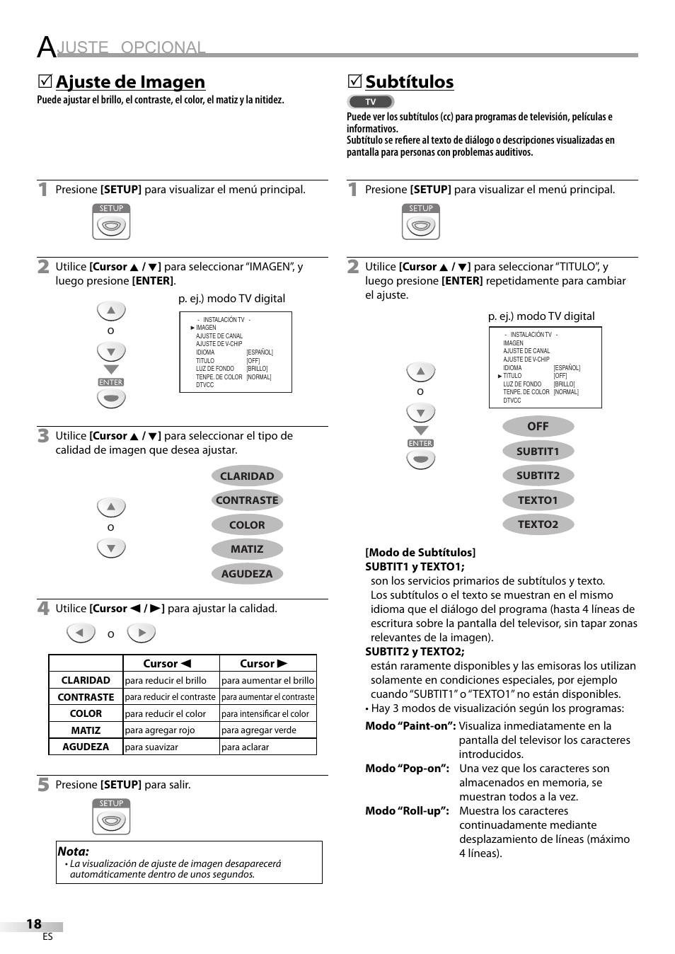 Juste opcional, Ajuste de imagen, 5subtítulos | Emerson LC195EM82 User Manual | Page 46 / 56