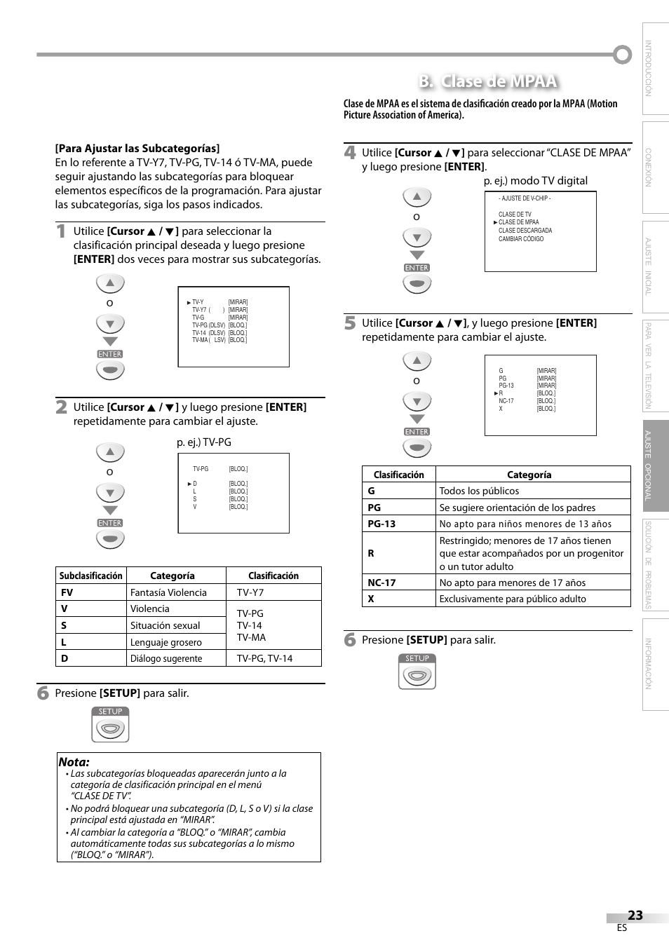 B. clase de mpaa, Nota | Emerson LC195EM82 User Manual | Page 51 / 56