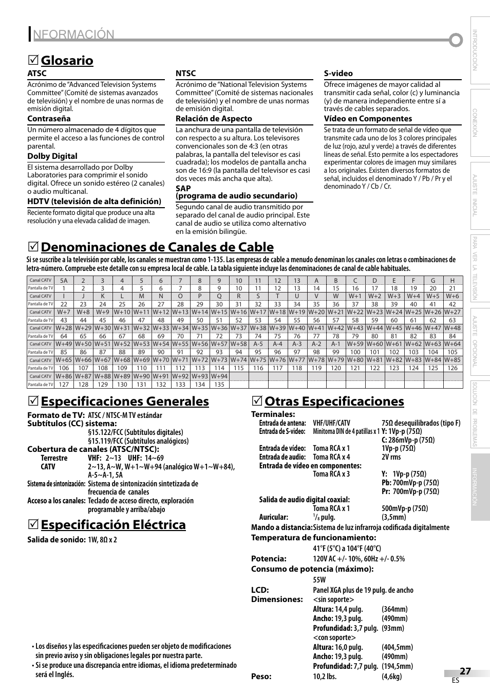 Nformación, Glosario 5, Especificación eléctrica | 5otras especificaciones | Emerson LC195EM82 User Manual | Page 55 / 56