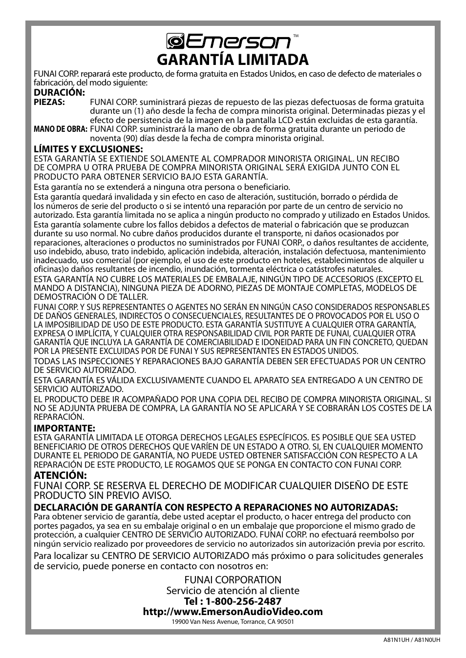 Garantía limitada | Emerson LC195EM82 User Manual | Page 56 / 56