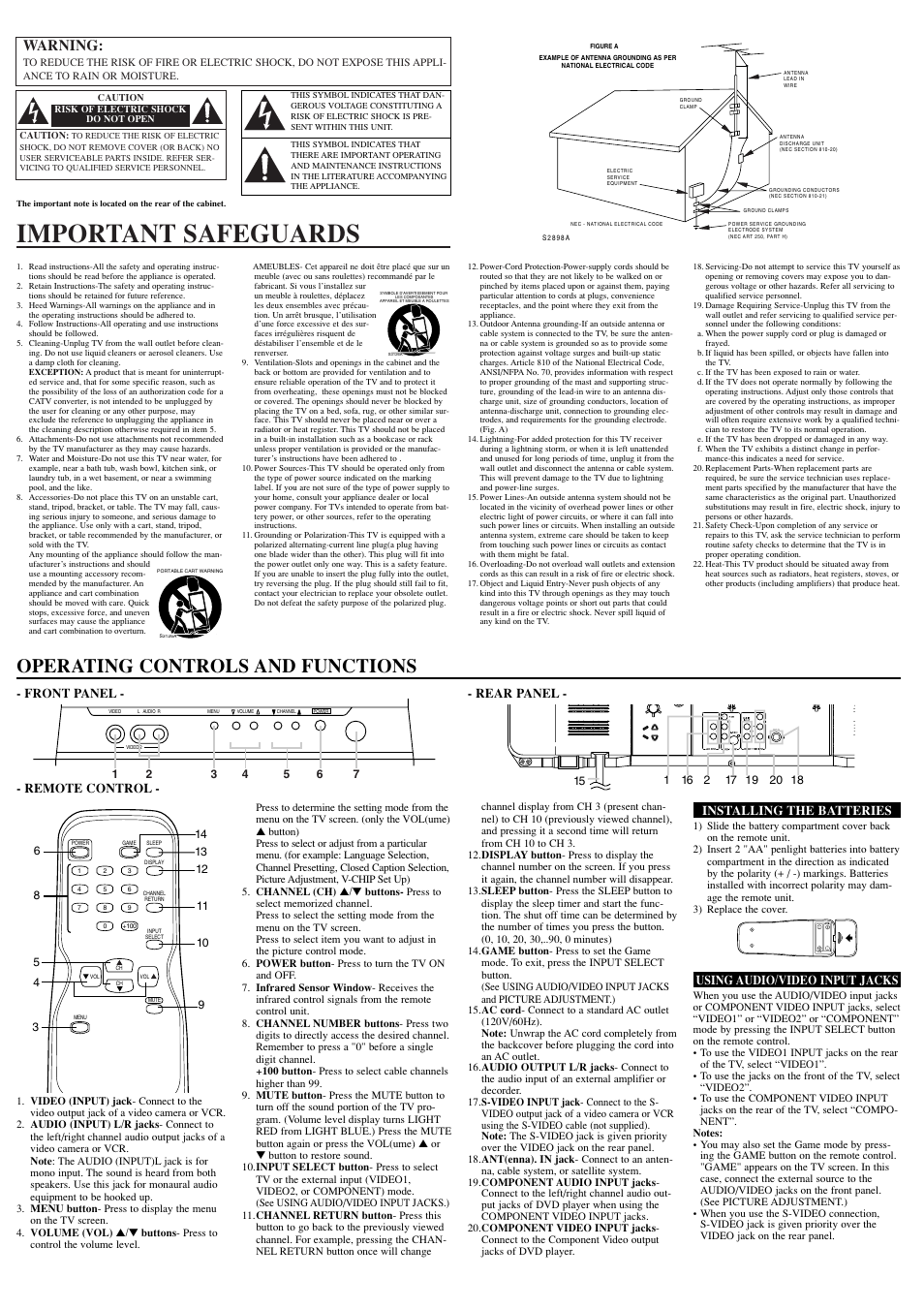 Important safeguards, Operating controls and functions, Warning | Rear panel, Remote control, Installing the batteries, Using audio/video input jacks, Front panel | Emerson EWF2704 User Manual | Page 2 / 8
