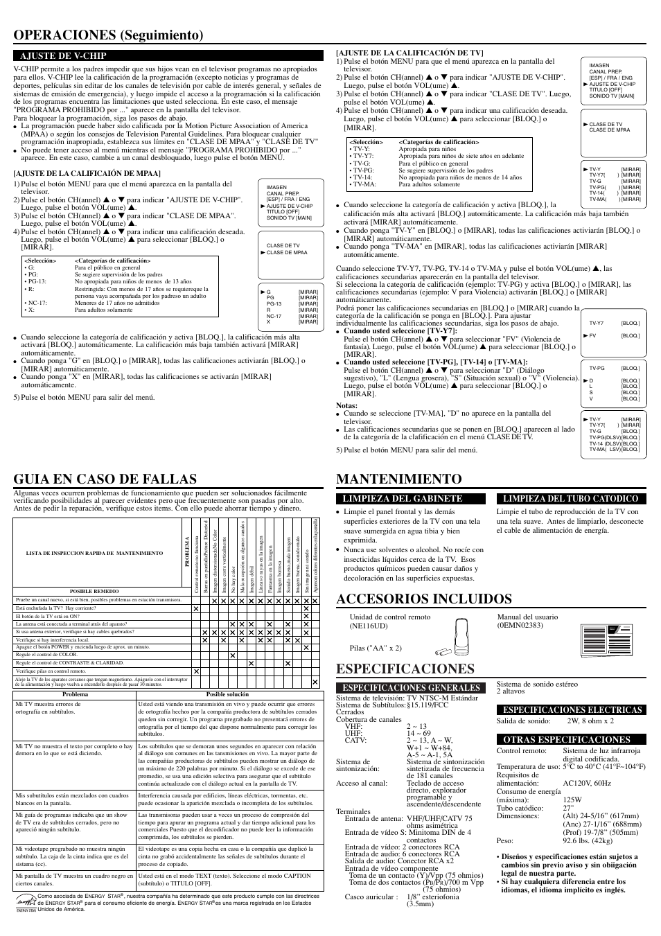 Especificaciones, Operaciones (seguimiento), Especificaciones generales | Especificaciones electricas, Otras especificaciones, Limpieza del gabinete, Limpieza del tubo catodico, Ajuste de v-chip | Emerson EWF2704 User Manual | Page 8 / 8