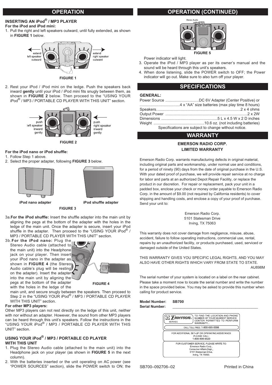 Operation specifications warranty, Operation (continued) | Emerson SB700 User Manual | Page 2 / 2